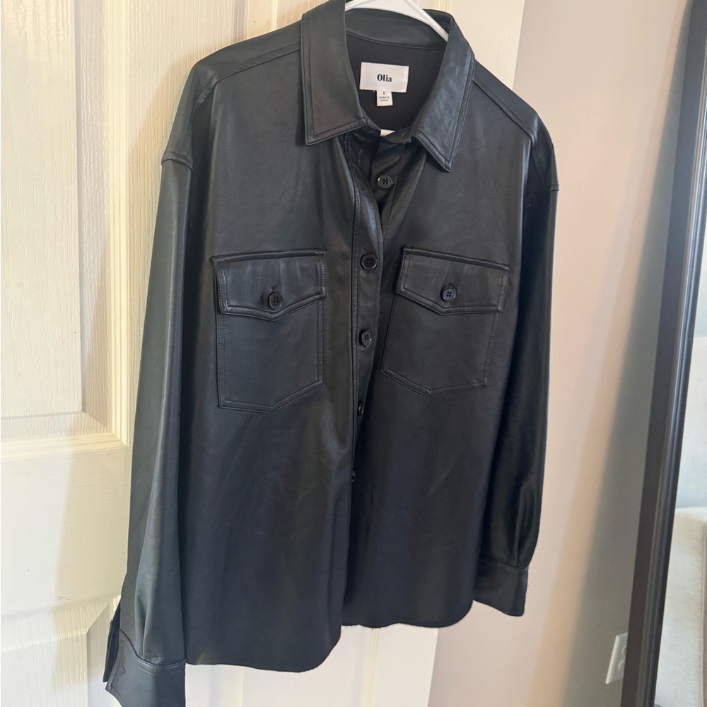 Black Faux Leather Button-Up Shacket